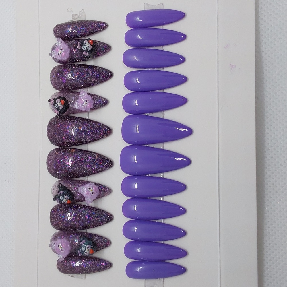 HAND PAINTED PRESS ON NAILS, KUROMI, LONG STILLETTO/POINTY, 22 NAILS